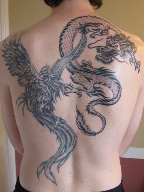Dragon And Phoenix Black And White Tattoo On Back